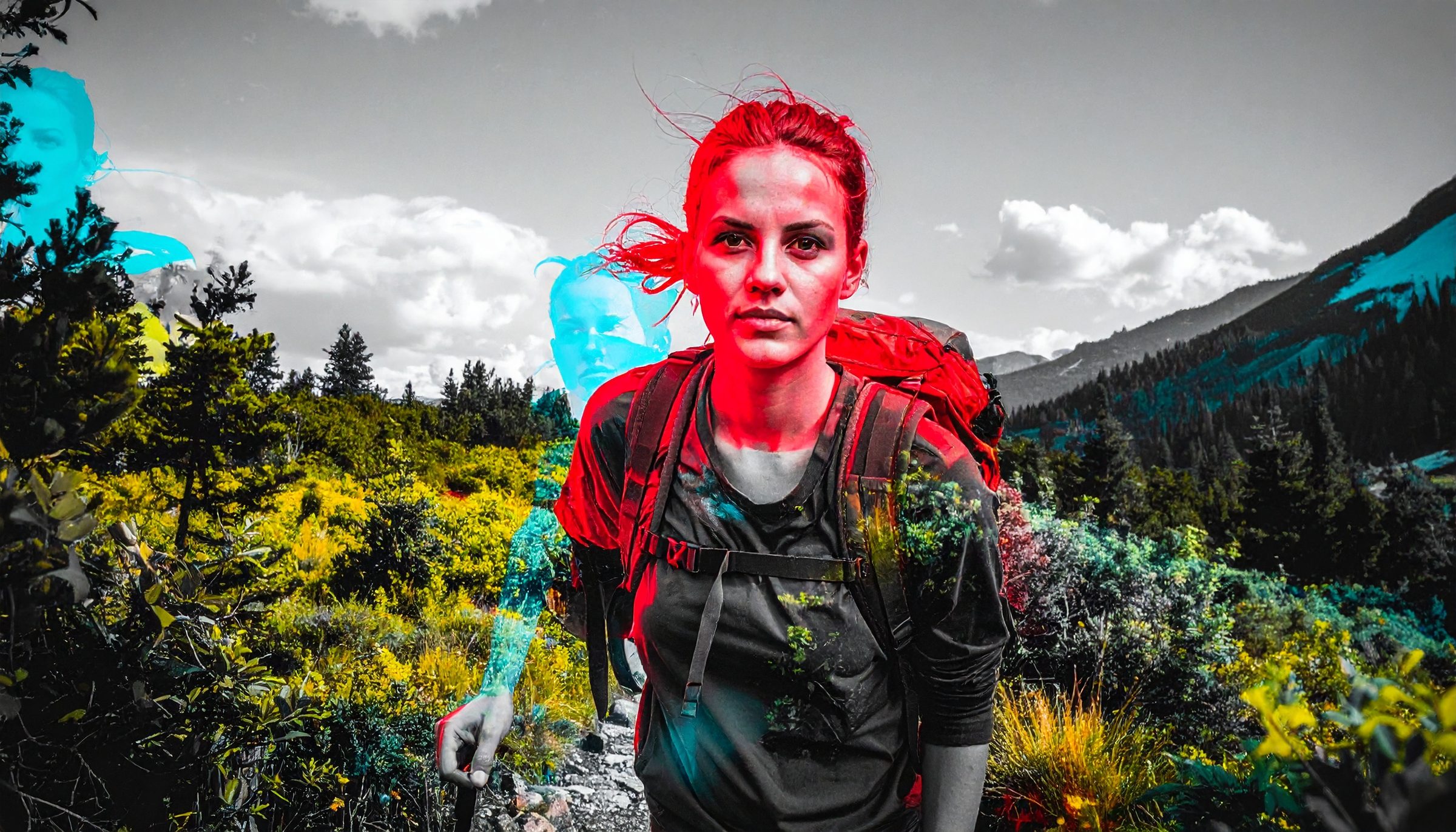 Firefly_A realistic woman hiking, ghosted vibrant offsets, merging slightly misaligned red